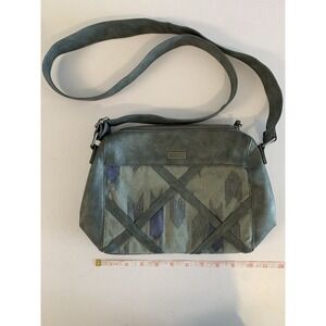 ROXY Crossbody Shoulder Bag Grey/Green Faux Leather Tribal Print Zipper Y2K